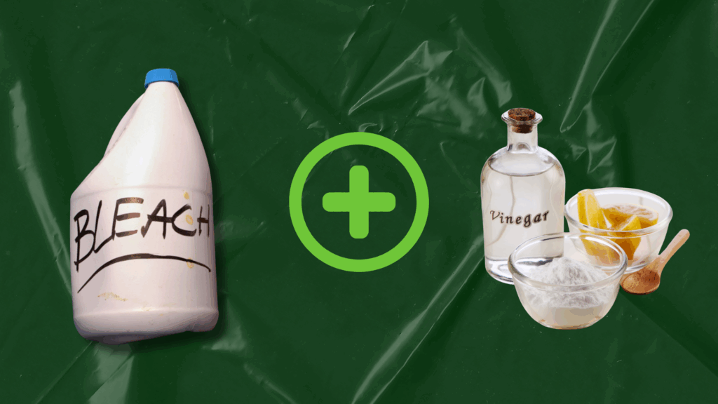 A bottle of bleach alongside a bottle of vinegar, powder, and slices of lemon. 