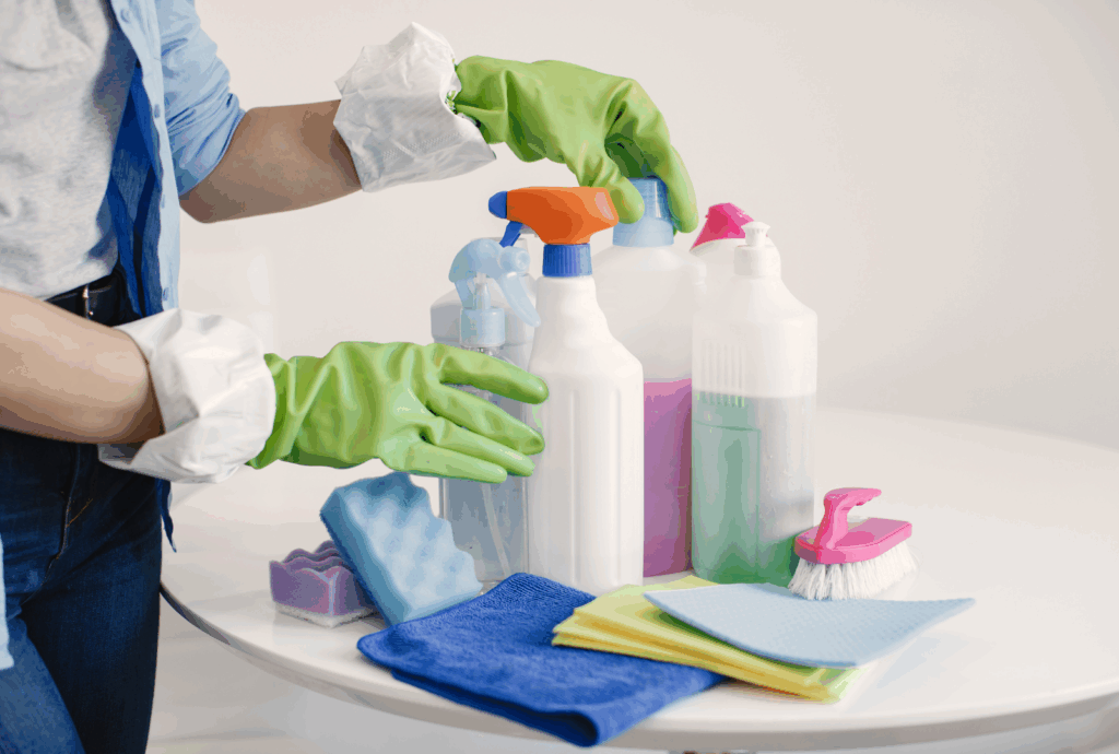 A person using different cleaning products.