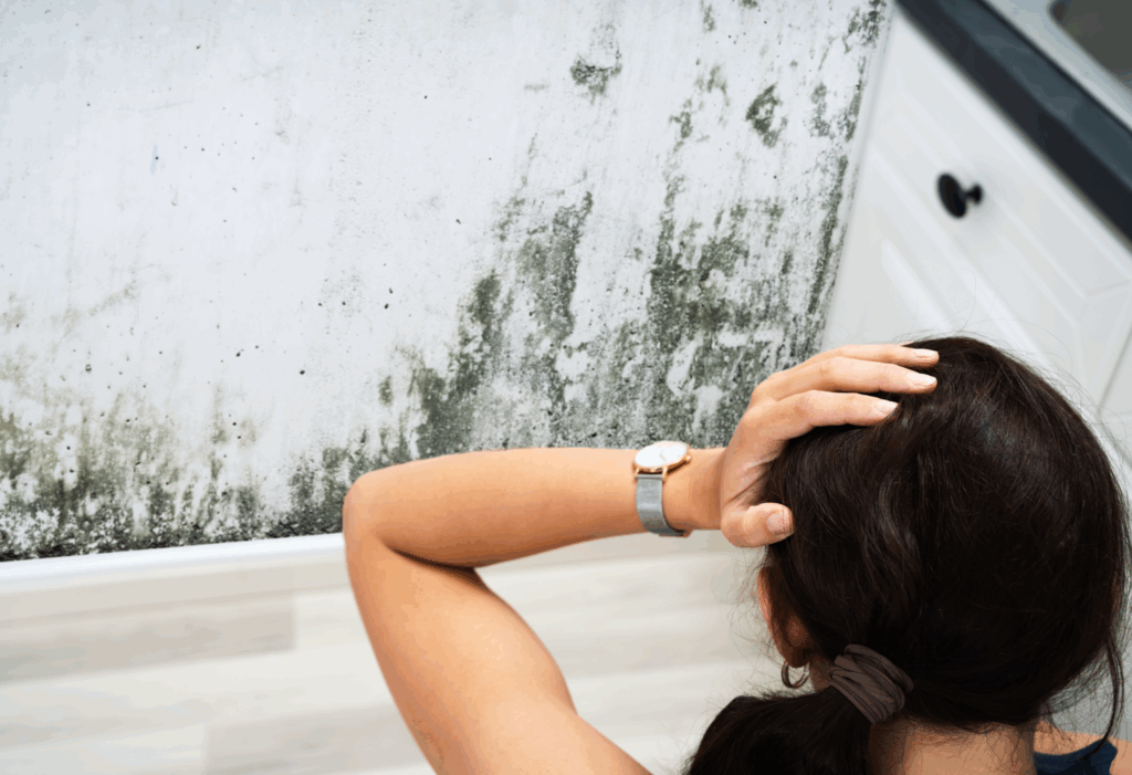 A person looking at a wall with mold.