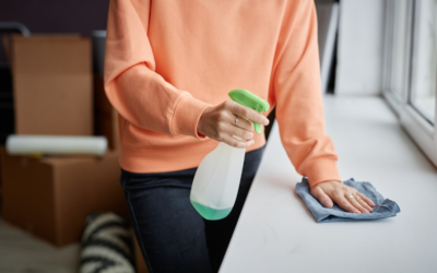 Person wiping down a countertop with cleaner helping maintain a spotless home.