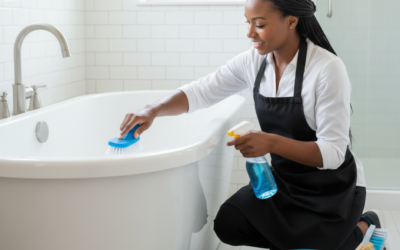 A woman carefully scrubs a white bathtub in a bright, modern bathroom, blue cleaning spray adding a pop of color.